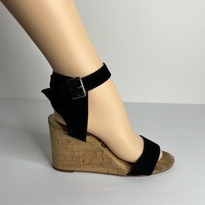 SAM EDELMAN Black Suede Cork Heel Wedge Sandal‎ Sz 9